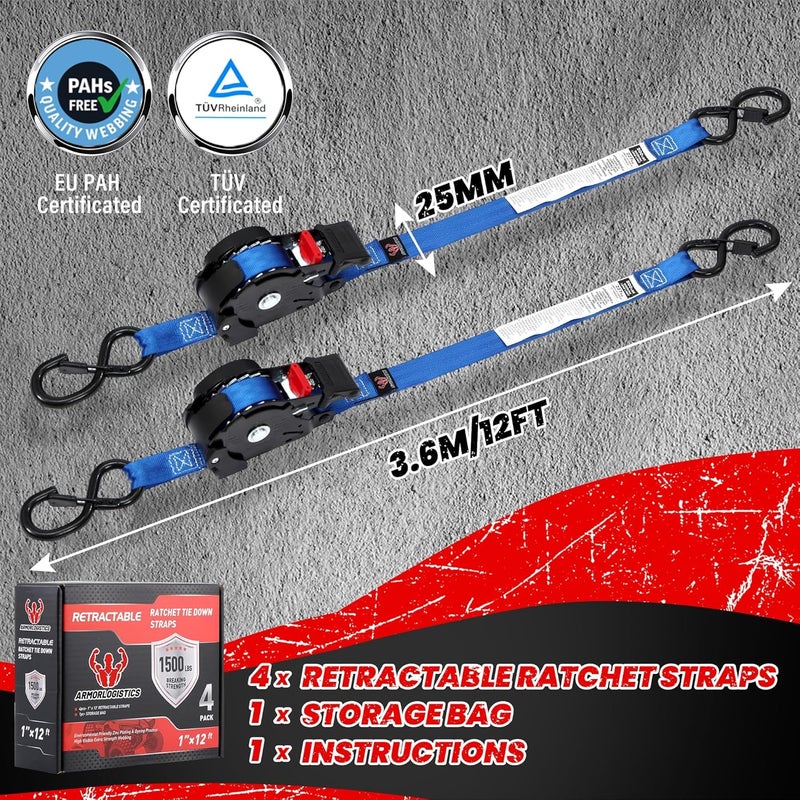 ARMORLOGISTICS Retractable Ratchet Straps 4 Pack, 1 in x 12 FT Auto Ratchet Straps for Motorcycle, Kayak and Trucks, Breaking Strength 1,500LBS/500LBS Working Load Limit Blue - Image 5